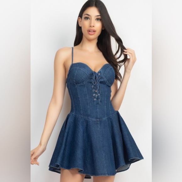 Flare Bottom Corset Top Dark Denim Dress - Picture 1 of 5